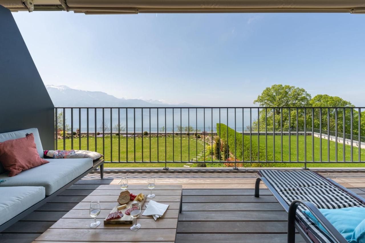 Les Terrasses De Lavaux 1 - Appartement De Luxe Avec Vue Panoramique Et Piscine Puidoux Exterior foto